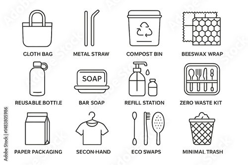 Eco-friendly essentials: reusable bags, metal straws, compost bins, and zero waste kits