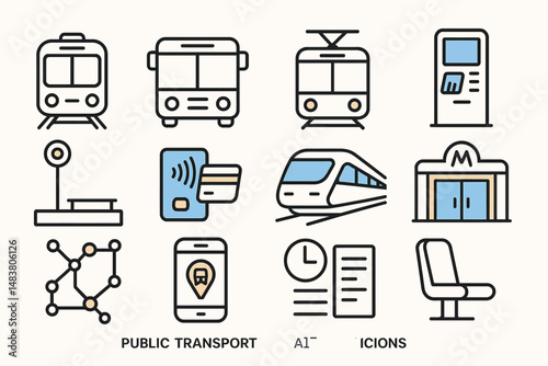 Public transport icons set featuring trains, buses, and metro symbols