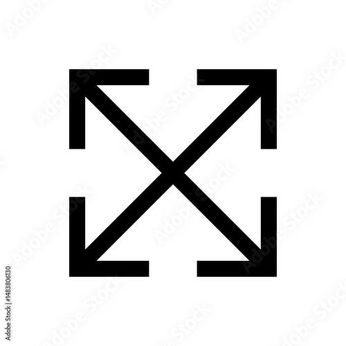 Illustration of a black expand arrows icon pointing outwards from the center on a white background plain view