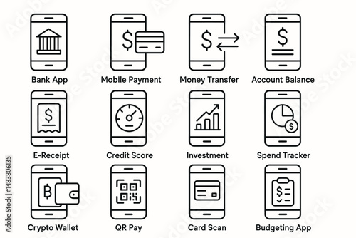 Financial app icons for banking, payments, and budgeting
