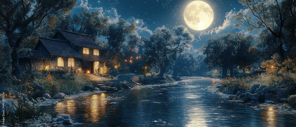 Serene moonlit night scene, featuring a cozy riverside house illuminated with warm lights, under a large full moon in a tranquil forest setting Serene moonlit night scene, featuring a cozy riverside house illuminated with warm lights, under a large full moon in a tranquil forest setting