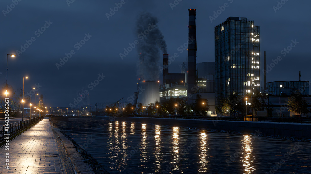 Obraz premium night view of lit power plant