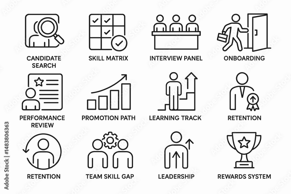 Employee development: interview panel, onboarding, and skill advancement icons Employee development: interview panel, onboarding, and skill advancement icons