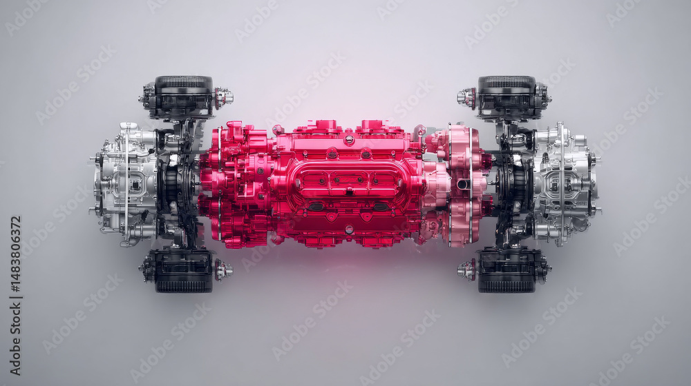 Detailed view of a modern futuristic automotive engine design in vibrant colors. Detailed view of a modern futuristic automotive engine design in vibrant colors.