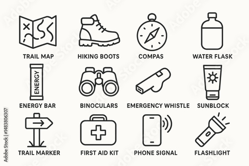 Essential hiking gear: map, compass, boots, water flask, and more