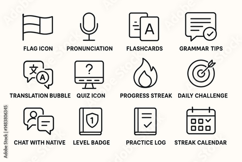 Language learning tool icons: flags, microphone, flashcards, grammar, translation, quiz, progress flame, target, chat, badge, notebook, calendar