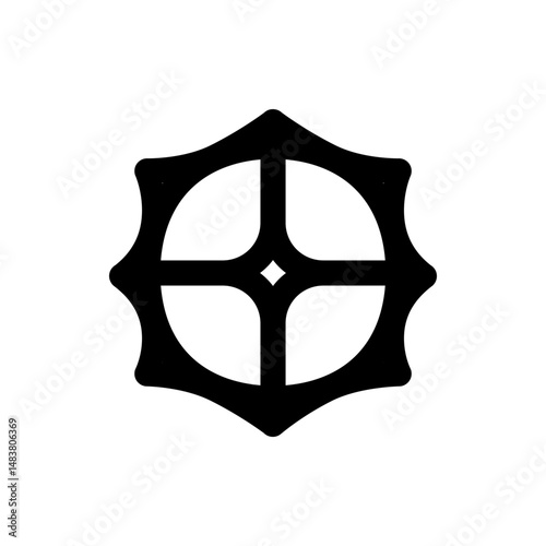 Black geometric symbol with a central diamond shape and rounded outer edges on a white background image