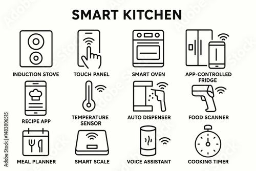 Smart kitchen gadgets: induction stove, touch panel, smart oven, app-controlled fridge