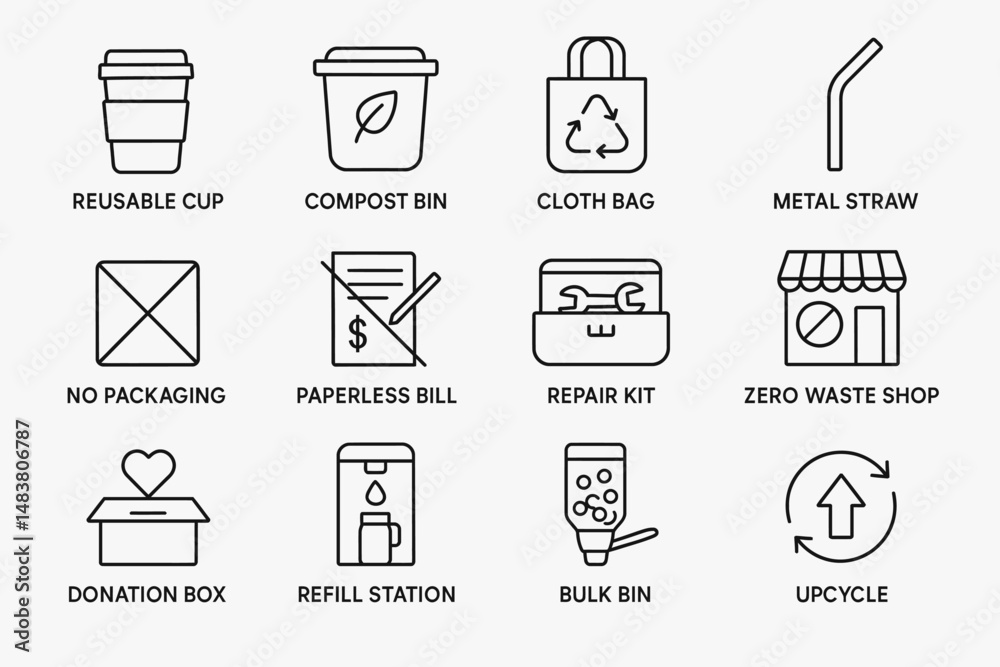 Eco-friendly icons: reusable, compostable, and sustainable solutions for zero waste living Eco-friendly icons: reusable, compostable, and sustainable solutions for zero waste living