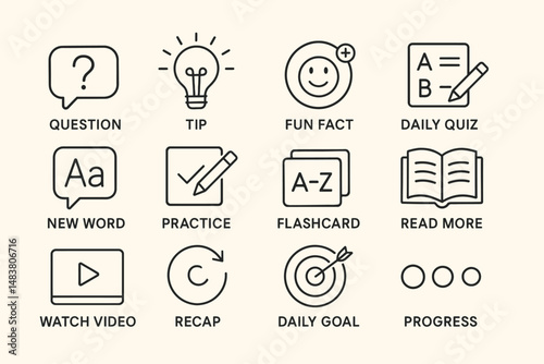 Educational icons for learning and development: quiz, flashcard, video, and more