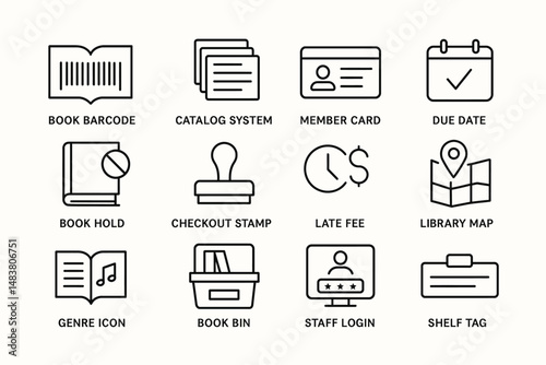 Library symbol set: book barcode, member card, due date, library map, shelf tag