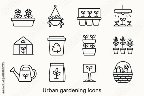 Urban gardening icon set: pots, plants, greenhouse, recycle, hydroponics, basket
