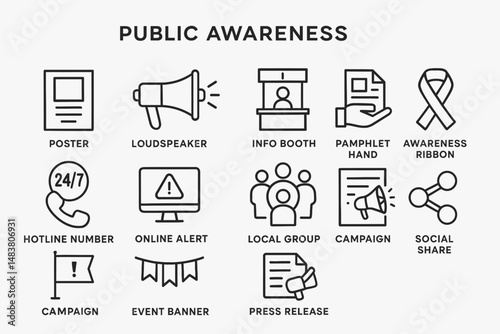 Public awareness icons: poster, loudspeaker, info booth, awareness ribbon, hotline number