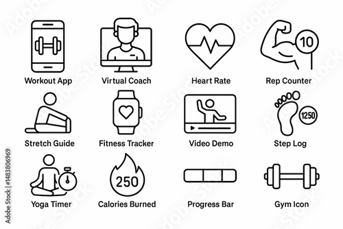 Fitness app icons including workout, virtual coach, heart rate, and more