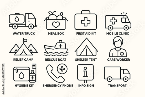 Emergency relief icons: water truck, meal box, first aid, mobile clinic, shelter