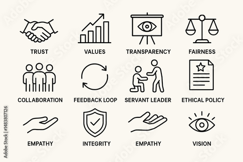 Business ethics and leadership principles illustrated with 12 motivational icons