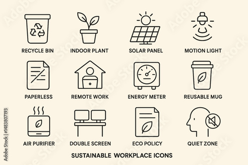 Sustainable workplace icons: clean, green, energy, recycle, eco-friendly