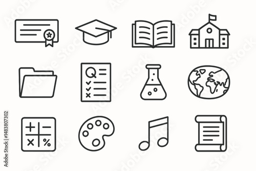 Education icons set featuring graduation cap, school, globe, and test symbols