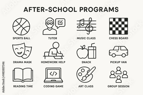 After-school programs icons: sports, tutor, music, chess, drama, homework, snack, art, group