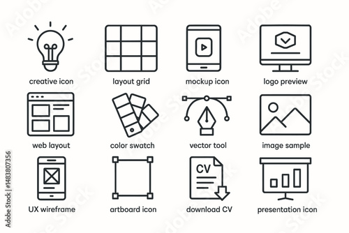 Creative design icons: lightbulb, grid, mockup, computer, tools, and samples