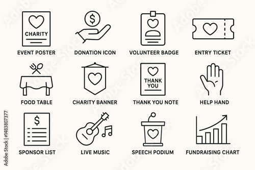 Charity event icons: donation, volunteer, fundraising symbols
