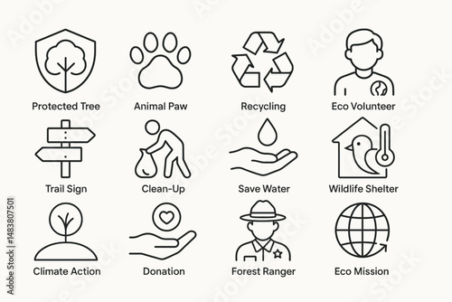 Eco symbols: conservation, recycling, volunteering, and wildlife protection icons
