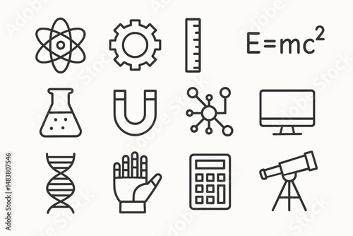 Scientific icons set: atom, gear, ruler, e=mc², flask, magnet, network, computer, dna, hand, calculator, telescope