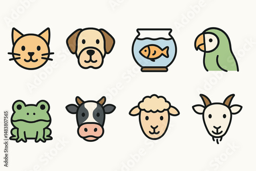 Cute cartoon animal faces: cat, dog, fish, parrot, frog, cow, sheep, goat