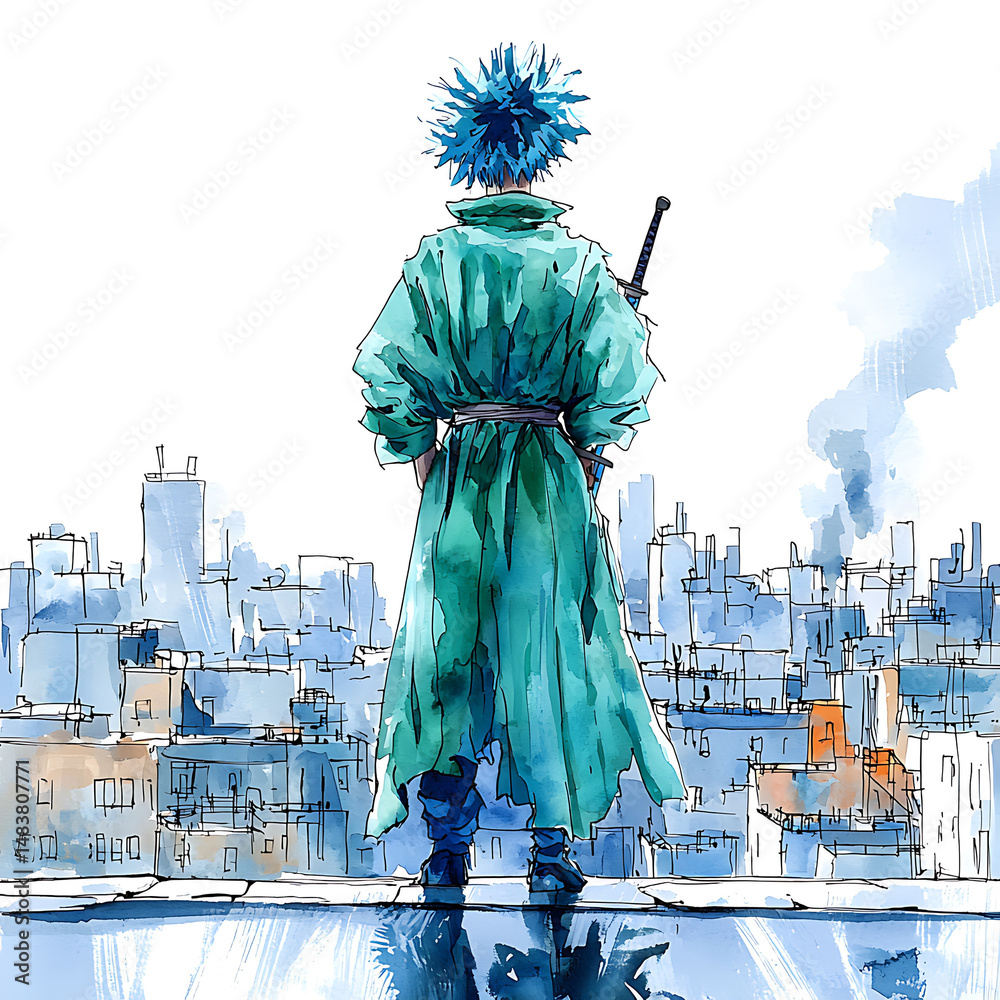 Fototapeta premium A blue-haired figure in a green coat stands overlooking a cityscape sword visible with a hopeful determined stance.