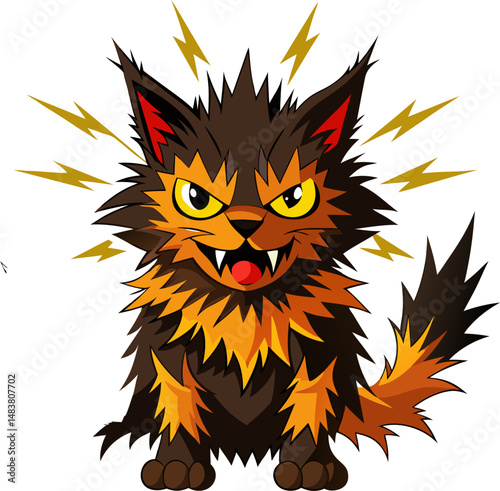 An intense, stylized illustration of a bristly, angry brown and orange cartoon cat with glowing yellow eyes and sharp teeth, emitting electric shock symbols.