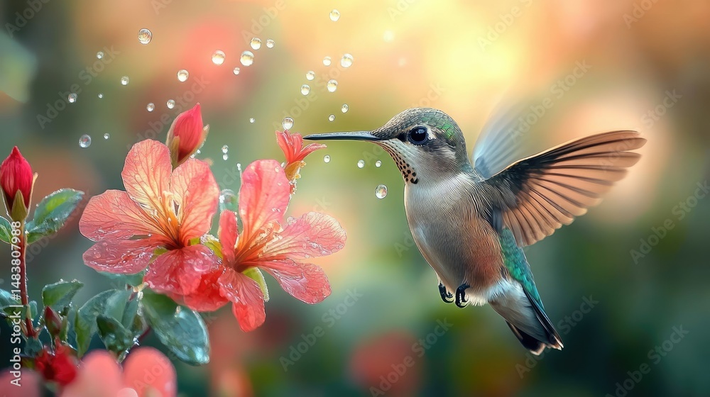 Obraz premium Hummingbird in flight, feeding on blossoms