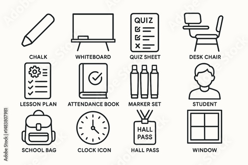 Classroom essentials: chalk, whiteboard, quiz sheet, desk chair, lesson plan, student, school bag