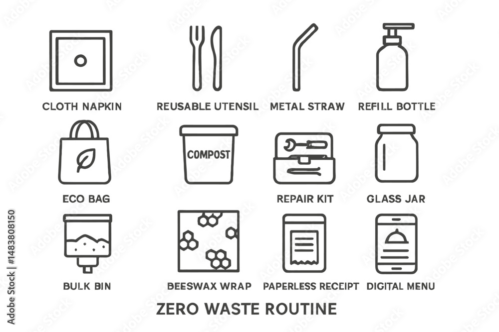 Zero waste routine items: cloth napkin, metal straw, eco bag, compost bin, beeswax wrap