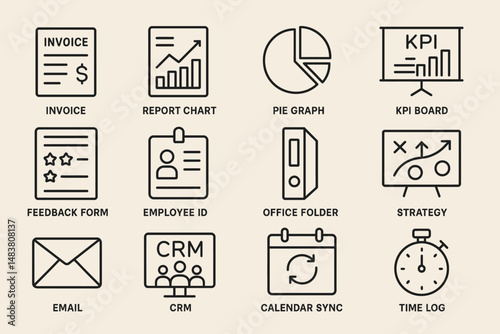 Business icons set: reports, kpi, strategy, employee id, crm, feedback form, calendar sync