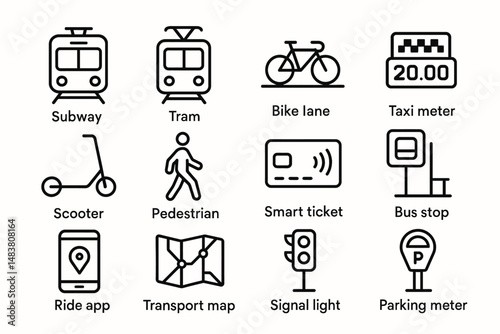 Urban transport icons including subway, tram, bike lane, and taxi meter signals