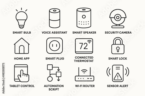 Smart home devices: bulb, assistant, speaker, security, and more icons