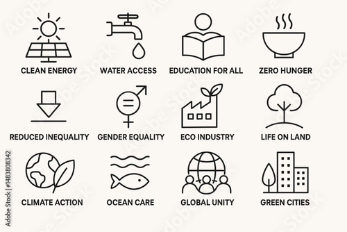 Sustainable development: icons for clean energy, water access, education, and environmental goals
