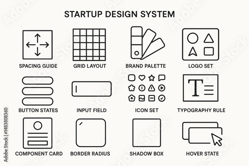 Startup design system infographic with layout and icon sets