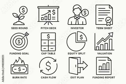 Business startup icons: investor, funding, growth, and financial planning symbols