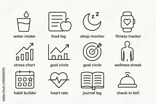 Health and wellness icons including tracker, monitor, log, and heart rate symbols