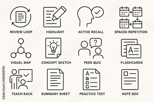 Study techniques icons: review loop, highlight, active recall, spaced repetition, visual map, concept sketch