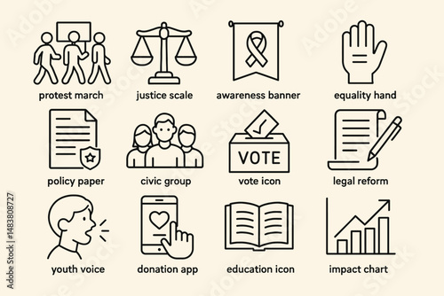 Civic engagement icons illustrating justice, awareness, equality, policy, and activism