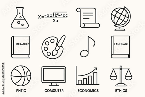 Educational subject icons: science, literature, art, music, language, economics, ethics