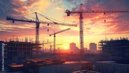 Construction Site at Sunset with Cranes and Buildings