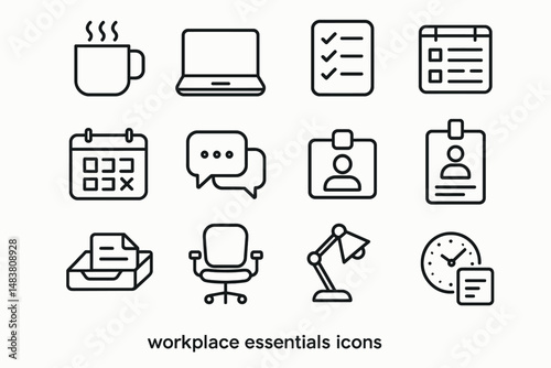 Essential workplace icons: office items including laptop, calendar, and more