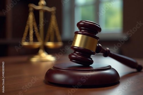 Stern judge's gavel on wooden desk, justice scale in background, gavel, plaintiff