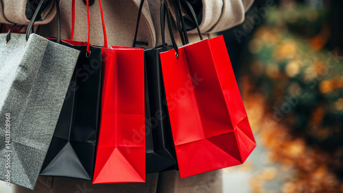 Unrecognizable woman shopping in boutique during Wife Holiday Consumerism, she holding fashion bags