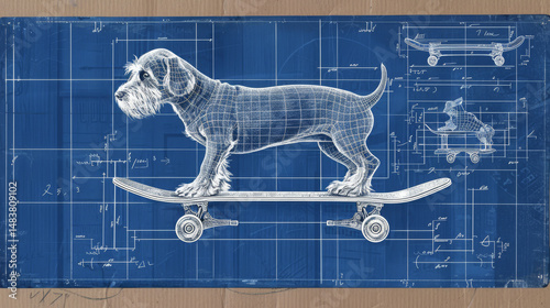 Detailed technical blueprint of dachshund on skateboard with technical grid in side