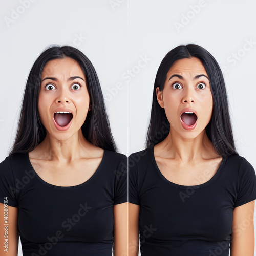 Emotive portrait of woman:  joyful laughter, intense crying, intrigued look, dreamy gaze in sectors