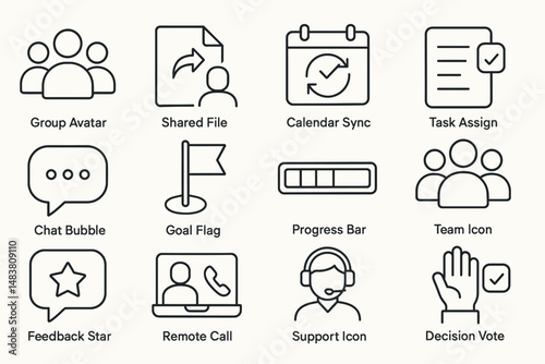 Set of office icons including group avatar, task assign, and remote call